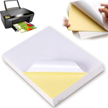 A4 Sticker Paper 100 Sheets, Self-Adhesive Glossy White Sticker Printer Paper, Waterproof Double Layer for Inkjet/Laser Printer   Photo Paper, Shipping Labels, DIY, Office Use