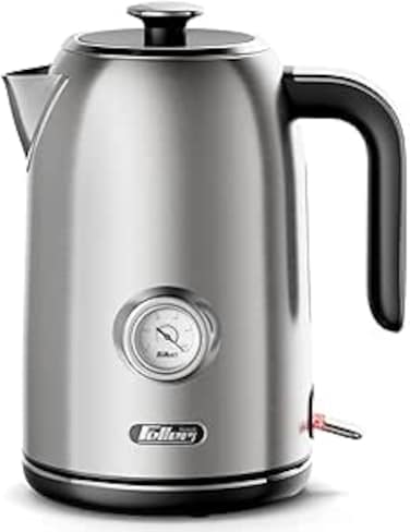 Feller Germany, Retro Style 1.7L Kettle with Thermometer, 2200 W, Stainless Steel Body, STRIX Controller, Dry Boil &amp; Automatic Switch-Off, Ek200, 2Y Guarantee-UAE Version (Stainless Steel)