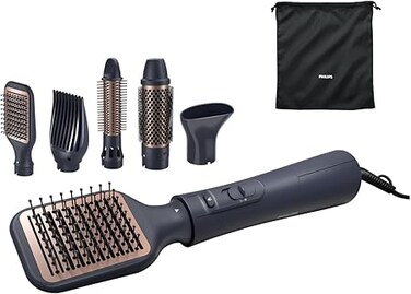Philips 5000 Series Air Styler for Drying &amp; Styling in one-go, from wet to dry styling with ionic care and argan-oil infused brush, 5 attachments, Black - BHA530/03