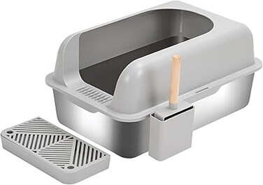 Extra Large Open Top Cat Litter Tray &ndash; Stainless Steel, Deep Framed Box with High Sides, Foot Pedal, Scoop &amp; Storage Bin &ndash; Easy Access Front Entry, Easy to Clean, 20L Capacity