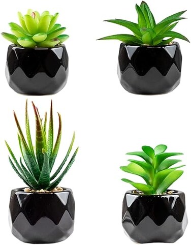 Canirologas Artificial Plants Indoor in Pots, Artificial Plants Outdoors, Mini Black Ceramic Green Succulents Aesthetic Desk Plant for Bathroom, Living Room, Office (4)