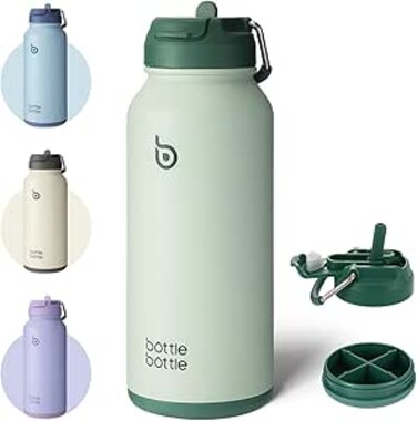bottlebottle BOTTLE BOTTLE 32oz Insulated Water Bottle Stainless Steel Sport Water Bottle with Straw Dual-use Lid Design for Gym with Pill Box (green)