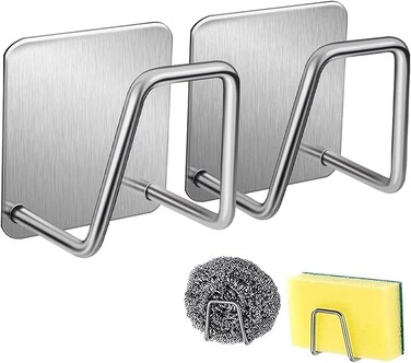 Lonimia 2Pcs Sponge Holder for Kitchen Sink，Strong Adhesive Small Sponge Holder，Sink Holder for Brush and Sponge，Premium Rustproof SUS304 Stainless Steel Rust Proof Waterproof (Silver)