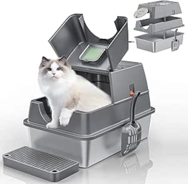Angju Stainless Steel Cat Litter Box with Lid, Flip-Top Extra Large Cat Litter Pan, Enclosed Metal Litter Box with Litter Scoop &amp; Filter Pedal, Anti-Leakage, Odor Free, Front &amp; Top Dual Entry