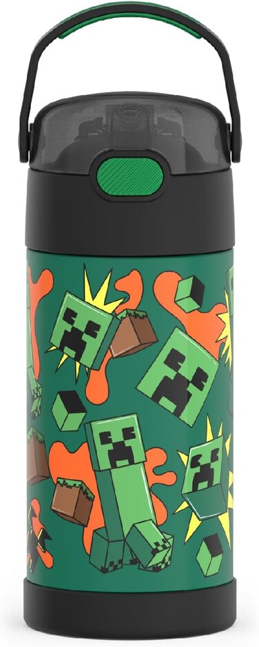 THERMOS FUNTAINER Water Bottle with Straw - 12 Ounce, Minecraft - Kids Stainless Steel Vacuum Insulated Water Bottle with Lid