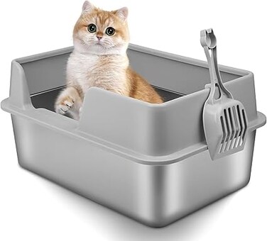 SLEEPHEAD&reg;Stainless Steel Cat Litter Box with Lid, Large Litter Box for Cats Metal Litter Pan Tray with High Wall Sides Enclosure, Anti-Leakage, Non-Sticky, Easy to Clean（50 * 35 * 25）