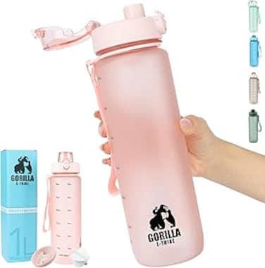 Gorilla E-Tribe Water Bottle 1L with Time Marker - BPA Free &amp; Leak Proof Protein Shaker Bottle Gym - Ideal for Office, School &amp; Hiking