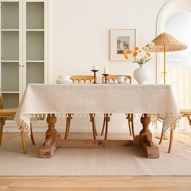 Cotton Linen Table Cloth for Dining Table 8 Seater, Table Cover Picnic Tabletop Decorations, Beige, 140x260 cm 【Anaado-AE】