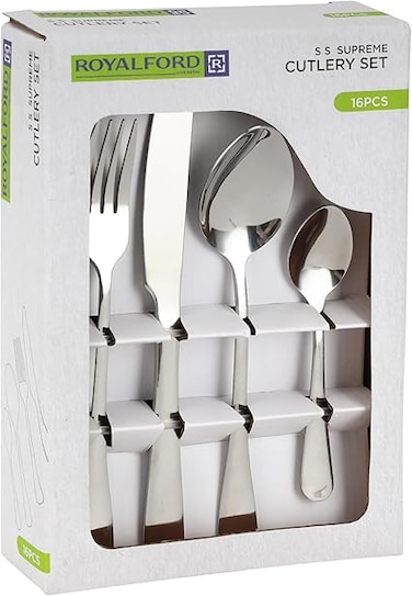 Royalford 16 Pieces Supreme Cutlery Set RF12444 Stainless Steel Basic Flatware Cutlery Silverware for Party/Office/Camping Knife Fork Spoon Utensils Set Service for 4 Mirror Polish Dishwasher Safe