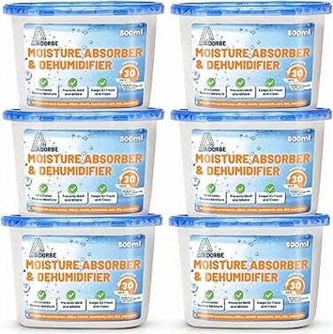 ADORBE Moisture Absorbers Boxes 6 Pack, Humidity Absorber for Wardrobes, Bedrooms, Bathrooms, Unscented Dehumidifier Boxes for Closet, Eliminates Musty Odors for Fresher, Cleaner Air (280g/pack)