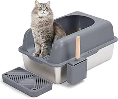 FOXORU Extra Large Stainless Steel Cat Litter Box with Lid,High Sides Metal Litter Tray for Multiple Big Cats,XL Litter Pan with Scoop and Filter,Anti Leakage,Never Absorbs Odors,Non-Sticky, Gray,