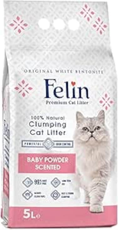 Premium Pet Supplies Felin Cat Litter Clumping 100% Natural Bentonite, Clumping 99.5% Dust Free, Forever Fresh, Pet Friendly, Fighting with Odors Baby Powder Scented, 5L
