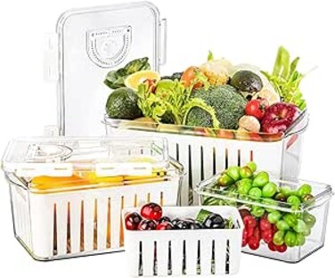 Refrigerator Saver Containers with Time Setting, 3 Pcs Fruit Vegetable Storage Containers for Refrigerator, Food Storage Containers for Fridge with Drain Basket, for Freezer, Countertops, Cabinet