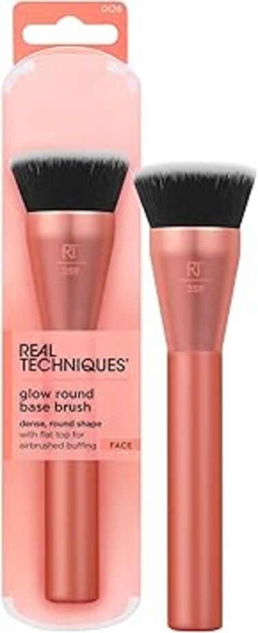 Real Techniques Glow Round Base Makeup Brush, For Liquid &amp; Cream Makeup, Flat Top Foundation Brush For Buffing &amp; Blending Up Coverage, Dense Synthetic Bristles, Vegan &amp; Cruelty Free, 1 Count