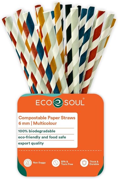 6 MM, 100 Count Biodegradable Multicolor Paper Straws   Disposable Drinking Rainbow Eco-Friendly Compostable Paper Straws   Cocktail Cold Drink Juice Smoothie Non-Bendable Straws (Regular)