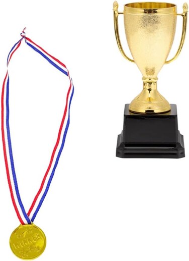 Mini Trophies and Awards Set Gold Trophy Cup and Shiny Golden Winner Medals for Kids and Adults Sports Party Favors