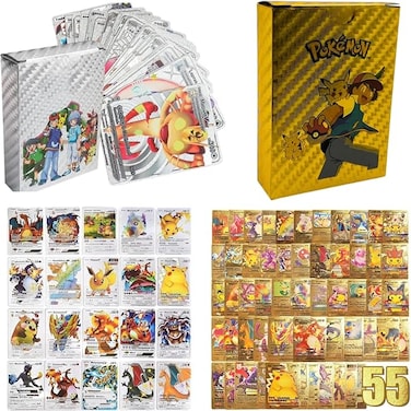 110 PCS Pokemon TCG Cards Set &ndash; Golden pokemon cards, Rare VMAX, Arabic بطاقات بوكيمون نادره, Carte pokemon, Metal Cards, Gift Pack,55 pcs each silver and gold card