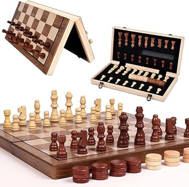 Wooden Chess Set   15.4 Inches Magnetic Chess Set   Travel Chess Set for Adults and Kids Portable Folding Board Game Set with Handmade Felted Chess Pieces - Felt Interior - Piece Holders