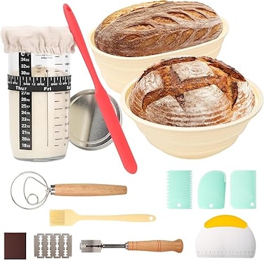 Sourdough Starter Kit Bread Baking Supplies Bread Proofing Basket 9 inch Round &amp; 10 inch Oval Bread Proofing Basket, 24Oz Jar