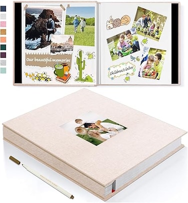. Large Photo Album Scrapbook with Window, Linen Self Adhesive Scrap Book, Wedding Anniversary Birthday Valentines Day, 28cm x 27cm 40 Blank Pages Memory Book with 1pcs Pen