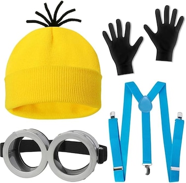4 Pcs Costume for Kids Girls Boys Adults,Cartoon Role Play Dress Up Accessories-Yellow Beanie Hat/Goggles/Gloves/Suspenders for Holiday Birthday Halloween Christmas Dress Up,Gifts for Girls Boys (B)