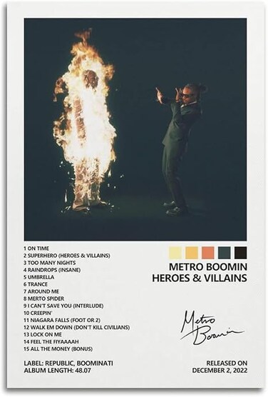 SUANEA Metro Boomin Poster Heroes &amp; Villains Album Cover Poster Posters for Room Aesthetic Canvas Wall Art Bedroom Decor 16x24inch(40x60cm)