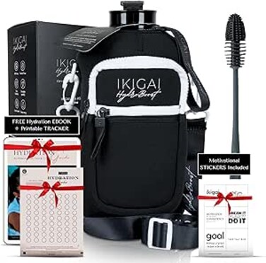 IKIGAI HydroBoost 2.2L Water Jug &ndash; Large Gym Bottle with Insulated Sleeve, Strap &amp; Brush &ndash; BPA-Free Half Gallon for Sports, Fitness, Hydration &ndash; For Men &amp; Women (Black)