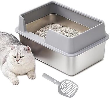 CENXI Stainless Steel Cat Litter Box with Lid, Large Covered Litter Box for Cats, Metal Litter Pan Tray with High Wall Sides Enclosure, Anti-Leakage, Non-Sticky