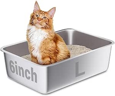 Stainless Steel Cat Litter Box, 50x35x15 cm L arge Size, High Sides, Non-Stick Surface (Large)