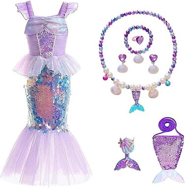 Little Girls Mermaid Princess Costume Party Dress for Toddler Kids Baby，Mermaid Costume Princess Dress Up with Accessories，Include Pendant, Earrings, Barrette, Handbag