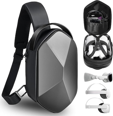 Carrying Travel Case for Oculus Meta Quest 2, Quest 3, Apple Vision Pro Accessories, Expandable Capacity Fixed Storage Controllers and Head Strap and All, Crossbody Sling Backpack