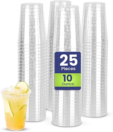 25 Pieces 10Oz Juice Cup Clear Strong Disposable Plastic Cups - Ideal for iced coffee, smoothies, Bubble Boba tea, milkshakes, frozen cocktails, water, sodas, juices, snacks, dessert &amp; more.