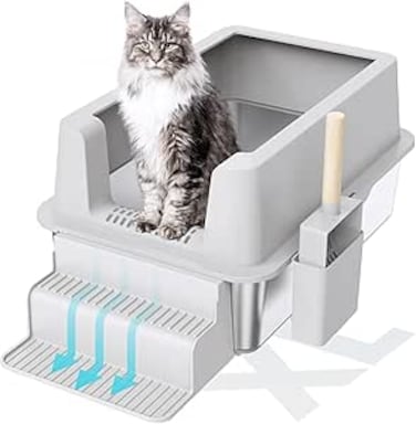 Supreouts Stainless Steel Cat Litter Box, Enclosed Litter Box with Lid Large Metal Litter Box for Big Cats, High Sided Kitty Litter Box Anti-Leakage, Non-Sticky, Easy Cleaning