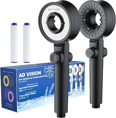 High Pressure Double-sided shower head with SGS certified shower filter   Removes Chlorine &amp; Hard Water For Bathroom &amp; Hair Care,3 shower modes  black Shower Head [Includes 1+1 Filter]