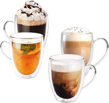 Double Walled Glass Coffee Mugs Set of 4, 12 OZ Clear Glass Insulated Mugs with Handle for Cappuccino, Tea, Latte, Cups, Beverage Glasses Heat Resistant