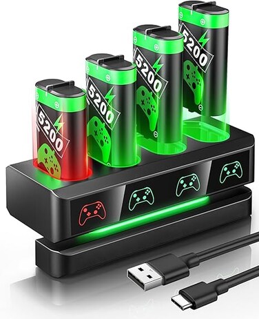 Rechargeable Battery Pack for Xbox Controller, 4 x 5200mWh Batteries for Xbox One and Series X S, with Charger and Battery Pack Accessories.