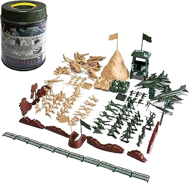 Army Men Set, 107 Pcs Plastic Military Action Figures Combat Battle Playset Bucket with Soldiers, Tank, Plane, Helicopter, Flag, Fence, and Battlefield Accessories for Boys Kids Children