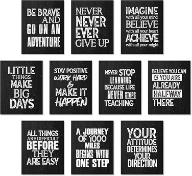 Outus 10 Pieces Inspirational Wall Poster Positive Quote Posters Wall Decor Affirmation Art Posters with 80 Glue Point Dots for Classroom Living Room Office Walls Decorations (Black White,8 x 10 Inch)