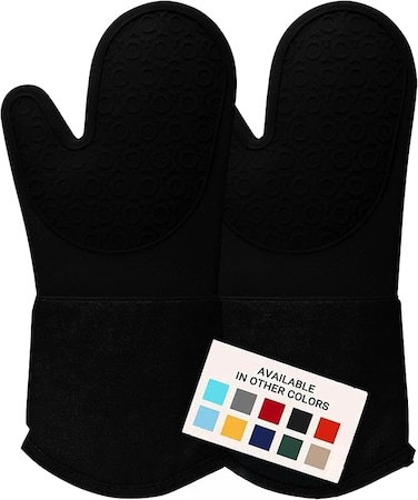 Extra Long Professional Silicone Oven Mitt, Oven Mitts with Quilted Liner, Heat Resistant Pot Holders, Flexible Oven Gloves, 1 Pair (Black, 13.7 inch)