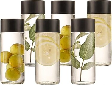 FUFU 6-Pack 8oz glass Juice Bottles Reusable Water Bottles to work great as Sensory Bottles and Smoothie Bottles with Black Lids Great for Sensory Crafts and Calming Bottles (250ml)