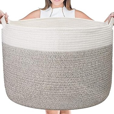 TYCOM Laundry Hamper Cotton Rope Basket Woven Laundry Basket for Blankets Storage Hamper with Handle Comforter Cushions Storage Bins Thread Blanket, Towels, Home Storage - White Light Brown