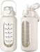 Loiisgy 32oz Glass Water Bottles with Straw, Motivational Glass Bottle with Silicone Sleeve and Time Marker for Gym Workout (White)