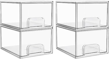 Vtopmart 4 Pack Clear Stackable Storage Drawers, 4.4'' Tall Acrylic Bathroom Makeup Organizer, Plastic Bins for Vanity, Undersink, Kitchen Cabinets, Pantry, Home Organization and Storage