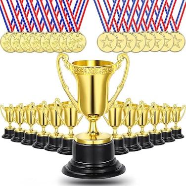 24Pcs Kids Mini Gold Awards Trophy Includes Gold Small Plastic Trophy Cup 3.34'' and Winner Medals 1.4'' for Party Favors School Sports Events Prize Competition, Golden