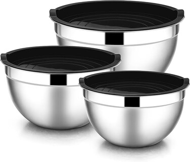Mixing Bowls with Lids, 6-Piece Stainless Steel Salad Bowls Metal Nesting Bowls for Baking Cooking and Prepping, Airtight Lids &amp; Stackable Design, Size 4.5, 3, 1.5 QT (Black)