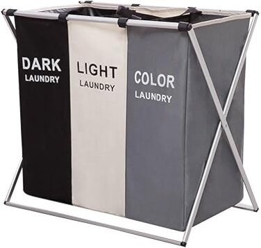 ECVV Laundry Basket 3 Sections, Foldable Laundry Hamper Sorter for Bedroom Bathroom Dorm, Waterproof Divided Dirty Clothes Basket with Aluminum Frame