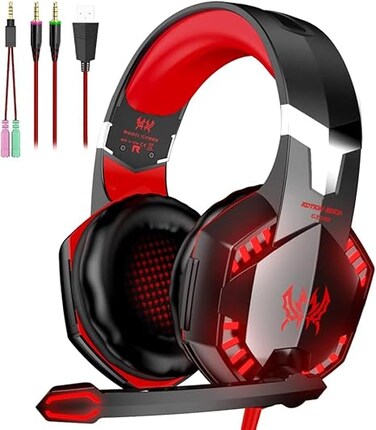 G2000 Gaming Headset, Bass Surround Gaming Headphones With Noise Cancelling Mic/LED Lights/Soft Memory Earmuffs For (PS5/PS4/Xbox One/Controller/Laptop/PC/Mac/Nintendo/NES) ((New Red))