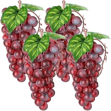 NALACAL 4 Bunches Artificial Red Grapes, Cute Artificial Fruit Ornament, Red Grapes Figurines, Fake Lifelike Fruit Plastic Simulation Grapes for Wedding Home Kitchen Party Decor Photography Prop