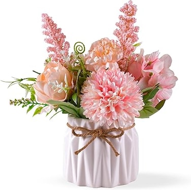 SYOSI Artificial Flowers Hydrangea, Artificial Potted Flowers with Ceramic Vase, Small Faux Flowers Hydrangea Decora, Fake Flower Plants Desktop Decoration for Home Office Table Bedroom (Pink)