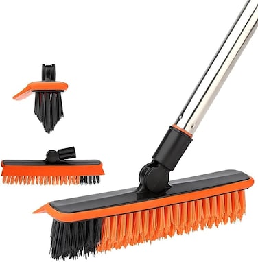 Joyzzz Floor Scrub Brush, 2 in 1 Swivel Grout Brush 140&deg; Extendable Cleaning Brush with Squeegee and V Shaped Corner Brush, with 90 Cm Long Handle, Shower Scrubber for Hard to Reach Areas